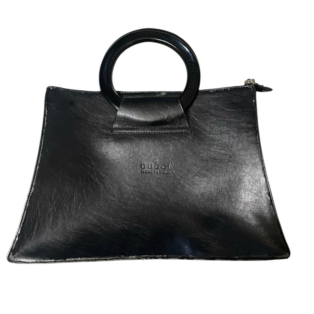 Vintage Gucci Black Leather Clutch with hard ring handle
